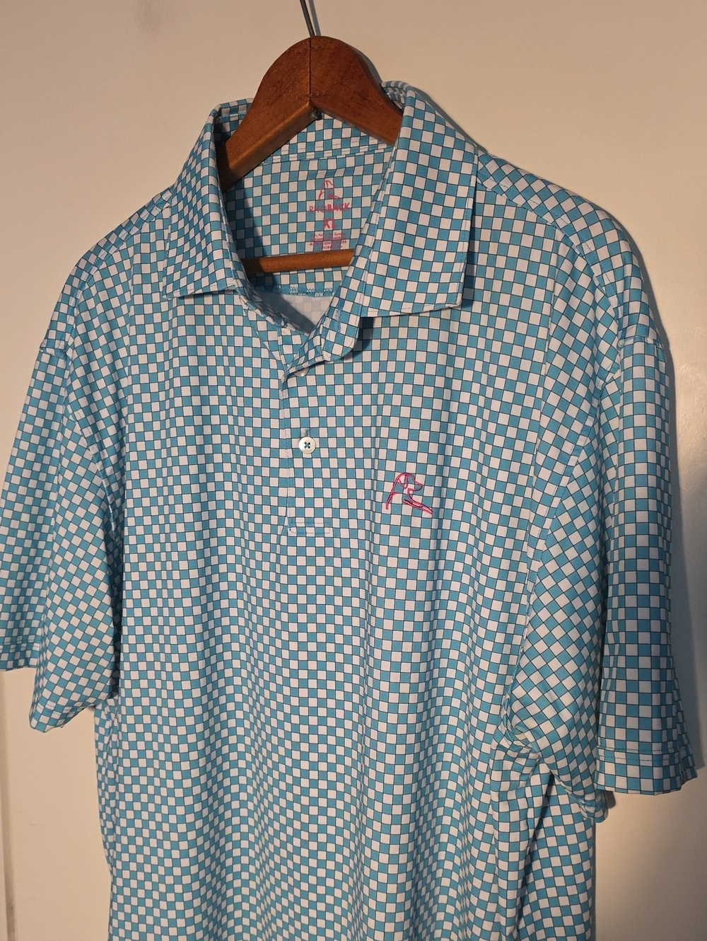 Rhoback Teal & White Check Golf Polo with Pink Logo XL Perfect Condition